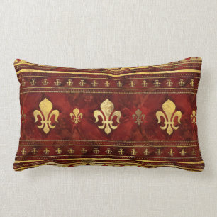 Fleur-de-lis Red Marble and Gold Lumbar Cushion