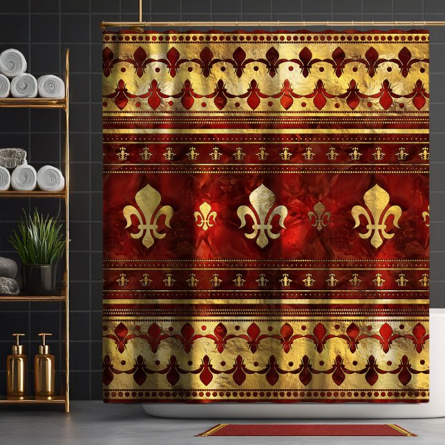 Fleur-de-lis Red Marble and Gold Shower Curtain (Creator Uploaded)