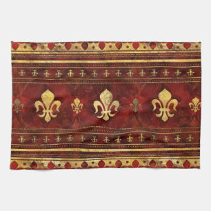 Fleur-de-lis Red Marble and Gold Tea Towel