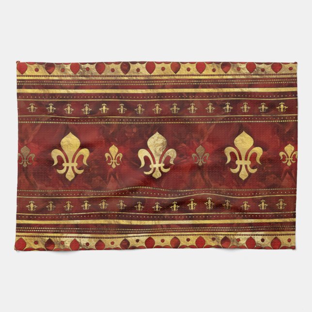 Fleur-de-lis Red Marble and Gold Tea Towel (Horizontal)