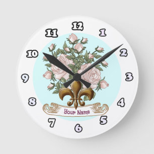 Fleur De Lis Rose Round Clock