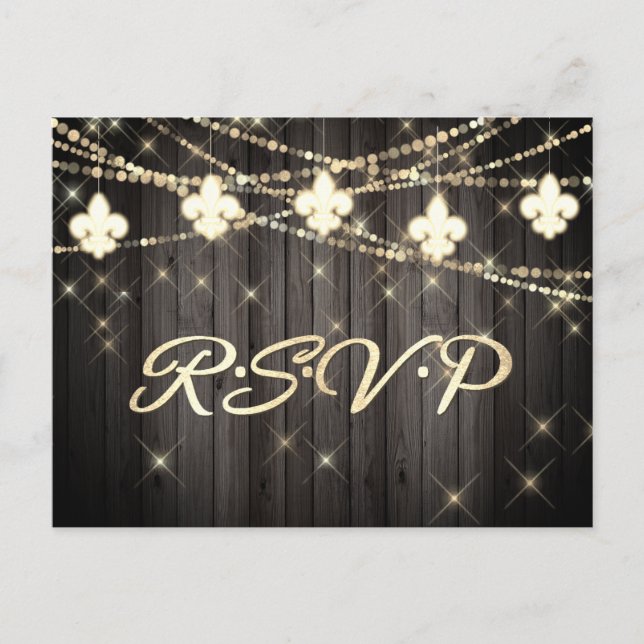 Fleur de Lis Rustic Lights | Boho Wedding RSVP Invitation Postcard (Front)