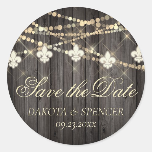Fleur de Lis Rustic Lights | Wood Save the Date Classic Round Sticker (Front)