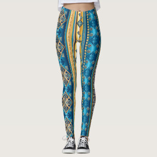 Fleur de lis Smoky Blue Gold Yellow Ethnic Pattern Leggings