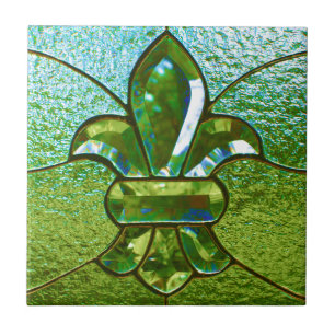 Fleur De Lis Stained Glass Green Ceramic Tile