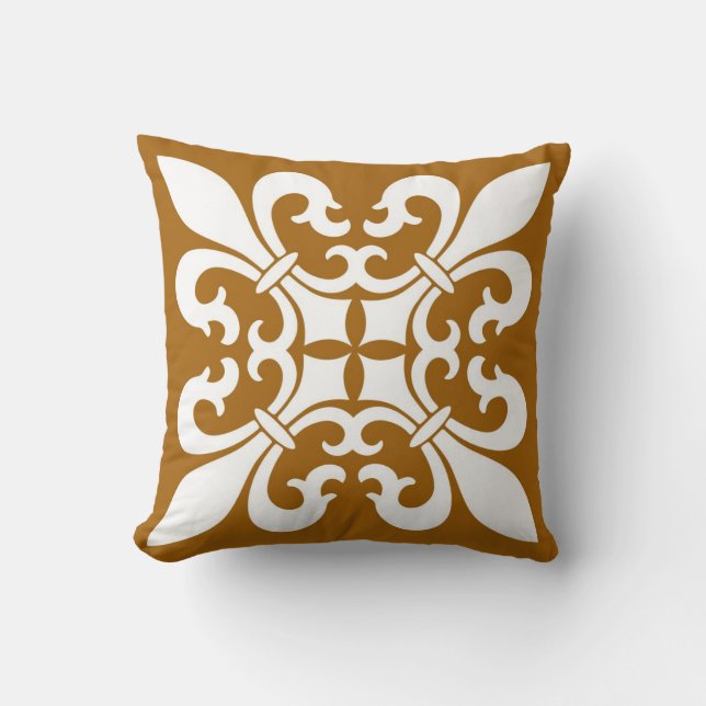 Fleur de lis Symbols in White on Caramel Cushion (Front)
