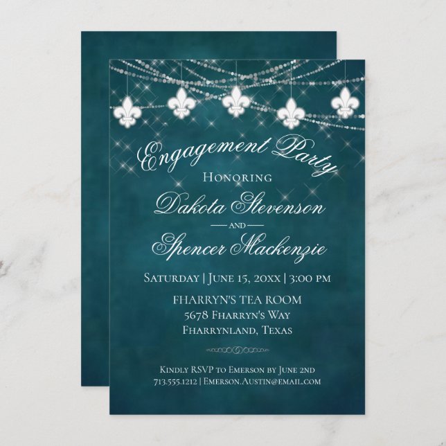 Fleur de Lis Teal Lights | Moody Engagement Party Invitation (Front/Back)