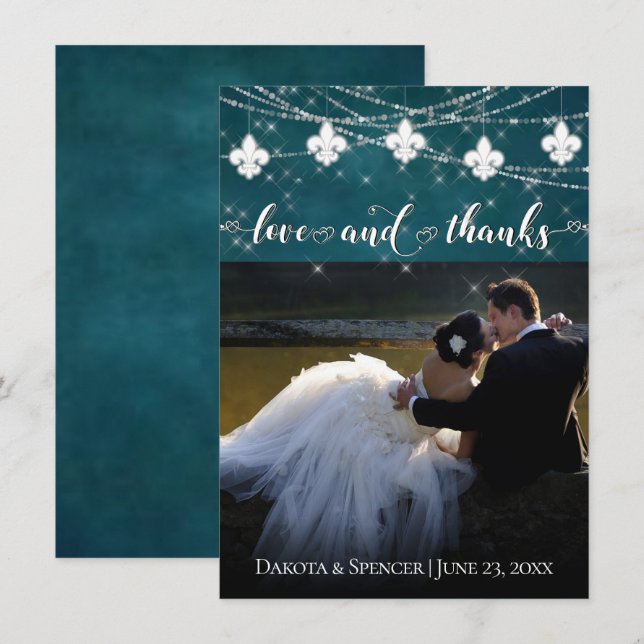 Fleur de Lis Teal Lights | Photo Heart Love and Thank You Card (Front/Back)