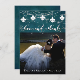 Fleur de Lis Teal Lights Photo Heart Love and Thank You Card