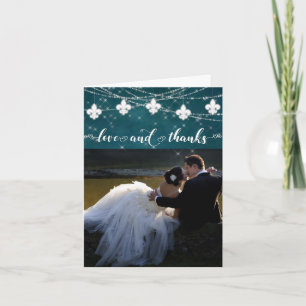 Fleur de Lis Teal Lights   Photo Heart Love and Thank You Card