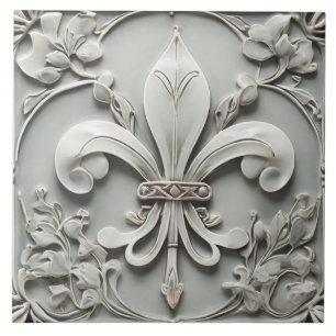 Fleur de Lis Vintage Antique Grey Faux Relief Ceramic Tile