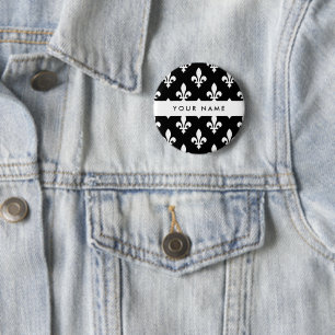Fleur de Lis, White on Black, White, Your Name 6 Cm Round Badge