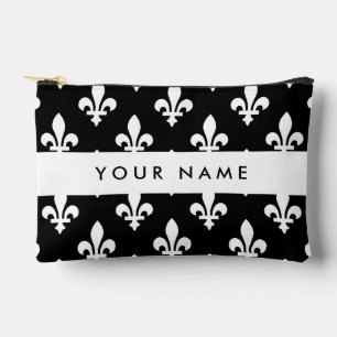 Fleur de Lis, White on Black, White, Your Name Accessory Pouch