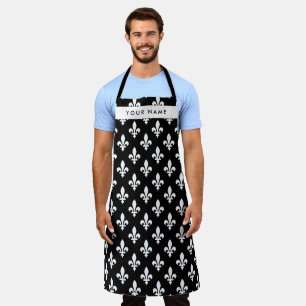 Fleur de Lis, White on Black, White, Your Name Apron