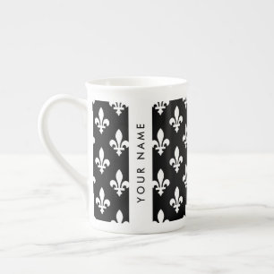 Fleur de Lis, White on Black, White, Your Name Bone China Mug