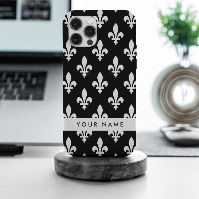 Fleur de Lis, White on Black, White, Your Name Case-Mate iPhone Case (Creator Uploaded)