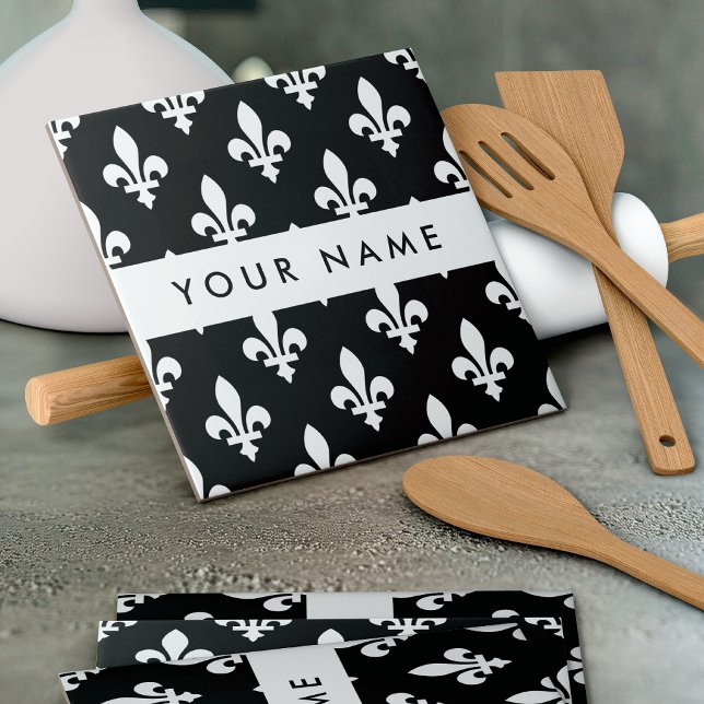 Fleur de Lis, White on Black, White, Your Name Ceramic Tile (Creator Uploaded)
