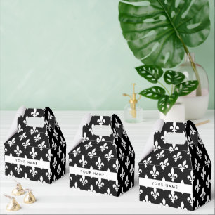 Fleur de Lis, White on Black, White, Your Name Favour Box