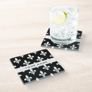 Fleur de Lis, White on Black, White, Your Name Glass Coaster
