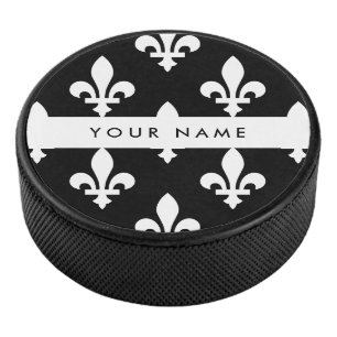 Fleur de Lis, White on Black, White, Your Name Hockey Puck