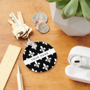 Fleur de Lis, White on Black, White, Your Name Key Ring
