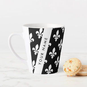 Fleur de Lis, White on Black, White, Your Name Latte Mug