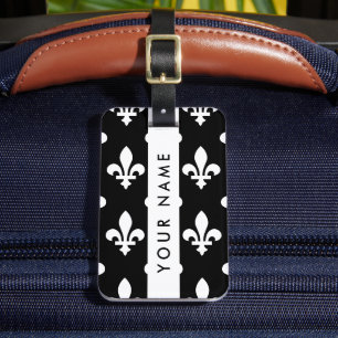 Fleur de Lis, White on Black, White, Your Name Luggage Tag