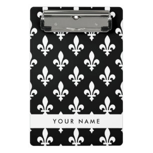 Fleur de Lis, White on Black, White, Your Name Mini Clipboard