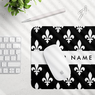 Fleur de Lis, White on Black, White, Your Name Mouse Pad