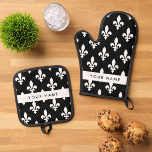Fleur de Lis, White on Black, White, Your Name Oven Mitt & Pot Holder Set