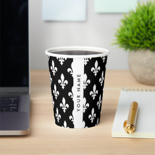 Fleur de Lis, White on Black, White, Your Name Paper Cups