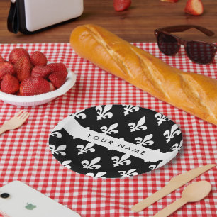 Fleur de Lis, White on Black, White, Your Name Paper Plate