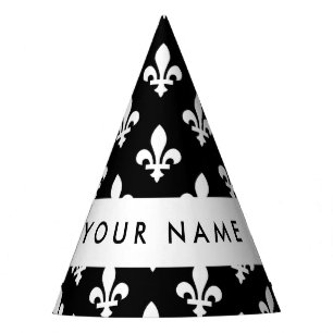 Fleur de Lis, White on Black, White, Your Name Party Hat