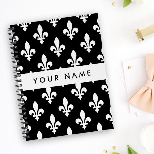 Fleur de Lis, White on Black, White, Your Name Planner