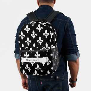 Fleur de Lis, White on Black, White, Your Name Printed Backpack