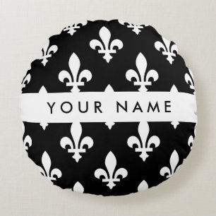 Fleur de Lis, White on Black, White, Your Name Round Cushion