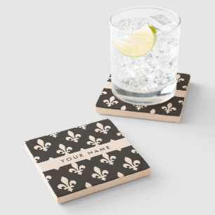 Fleur de Lis, White on Black, White, Your Name Stone Coaster