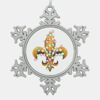 Fleur de Lis with Lights on Snowflake Pewter Christmas Ornament