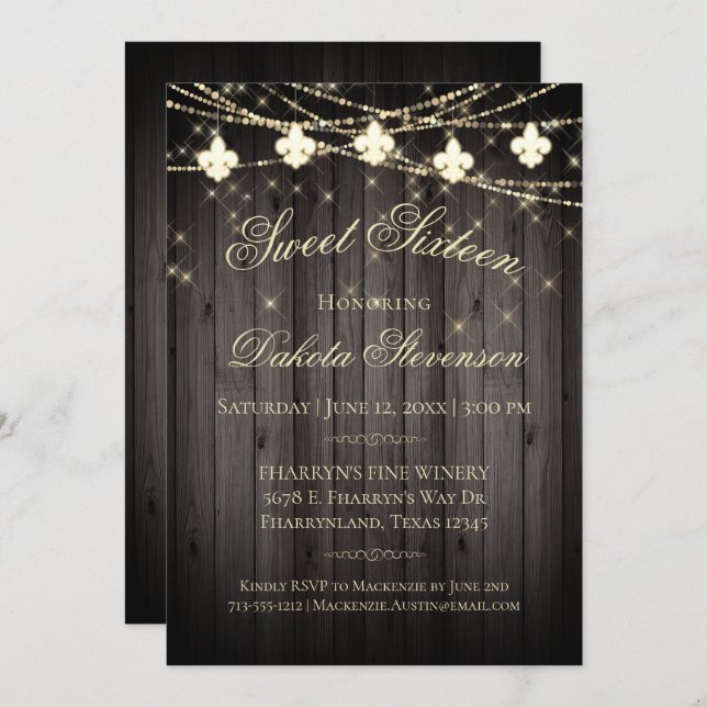 Fleur de Lis Wood Lights | Rustic Birthday Party Invitation (Front/Back)