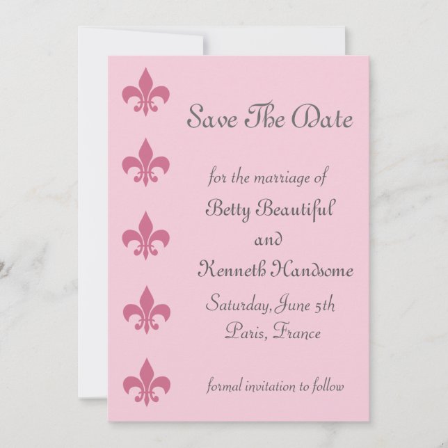 Fleur de Lise Save the Date in Pretty Pinks (Front)