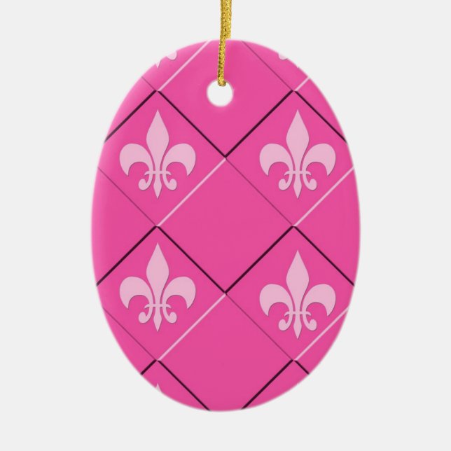 Fleur de lys and squares pink pattern ceramic tree decoration (Front)