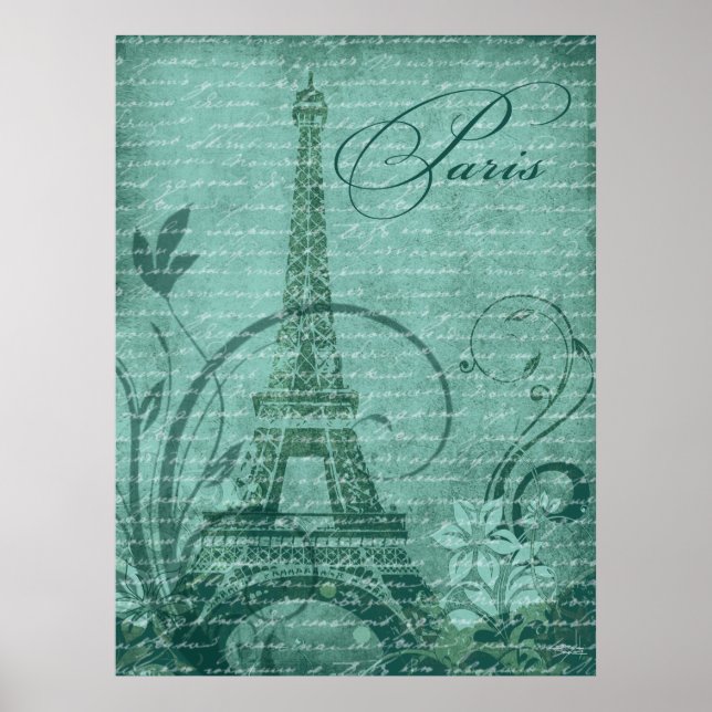 Fleur de Paris Eiffel Tower 30"x40" teal Poster (Front)
