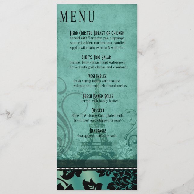 Fleur de Paris Eiffel Tower Dinner Menu | teal (Front)