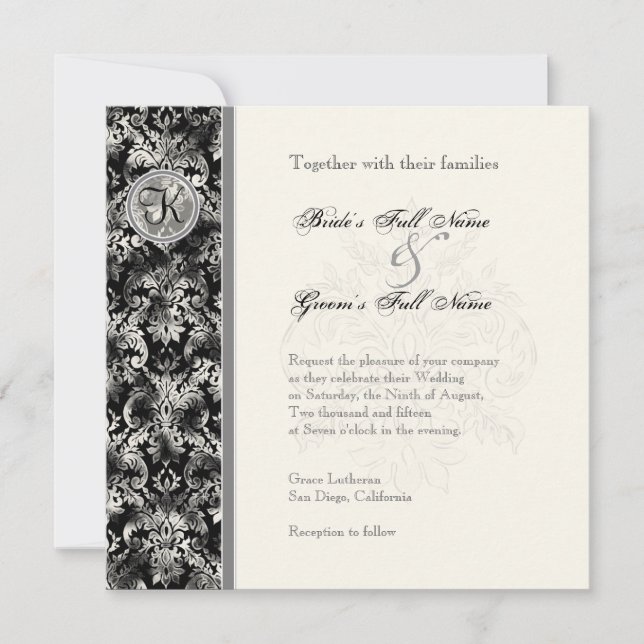Fleur di Lys Damask - Black Wedding Invitation (Front)