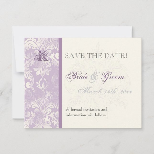 Fleur di Lys Damask - Lilac Save the Date Card (Front)