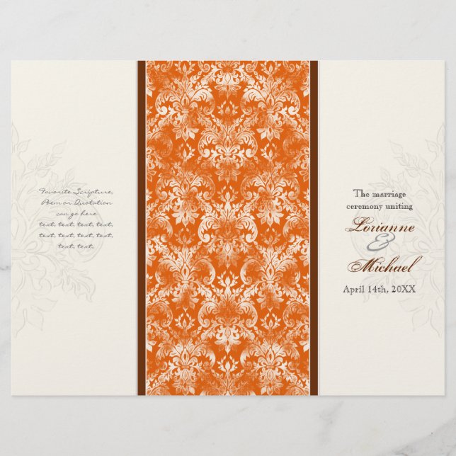 Fleur di Lys Damask Orange Formal Wedding Program (Front)