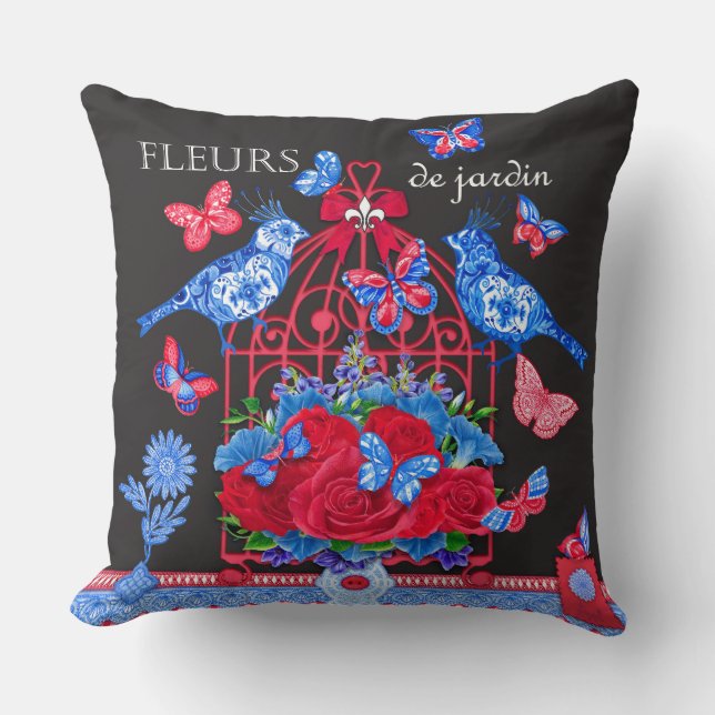 Fleur Porcelain Birds and Birdcage Throw Pillow (Front)
