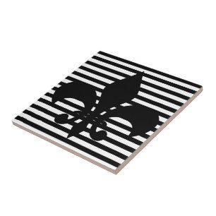 Fleurs-de-lis Black and White Striped Background Ceramic Tile