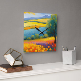 “Fleurs Tranquilles” Wide Landscape Provence Square Wall Clock