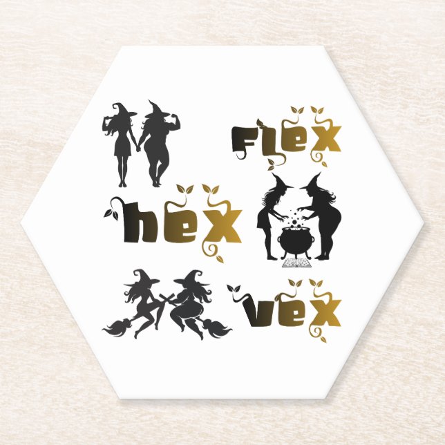Flex. Hex. Vex. Body Positive & Diverse Witches Paper Coaster (Front)